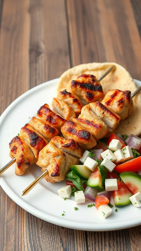 Delicious chicken souvlaki skewers served with pita bread and fresh salad.