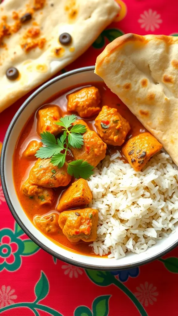 A bowl of Chicken Tikka Masala served with rice and naan bread.
