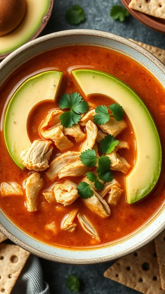 A bowl of Chicken Tortilla Soup with avocado slices and cilantro