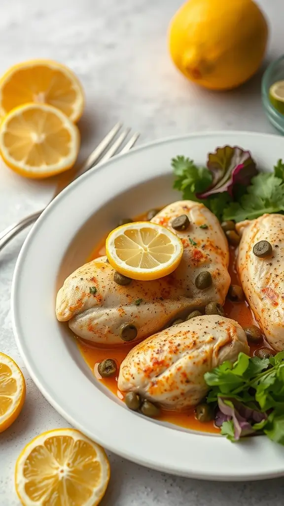 Plate of chicken with lemon and capers garnished with greens