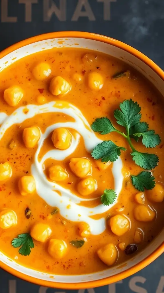 Delicious chickpea curry with coconut milk garnished with fresh cilantro.