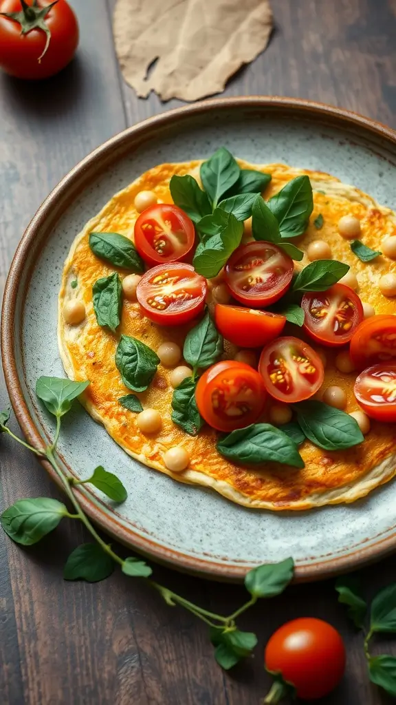 Chickpea flour omelette topped with spinach and cherry tomatoes on a plate