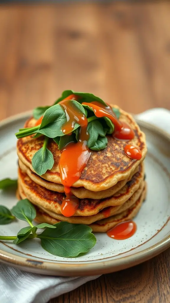 Chickpea flour pancakes topped with spinach and sauce