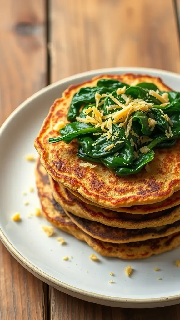 Chickpea flour pancakes stacked on a plate topped with sautéed spinach and nutritional yeast.