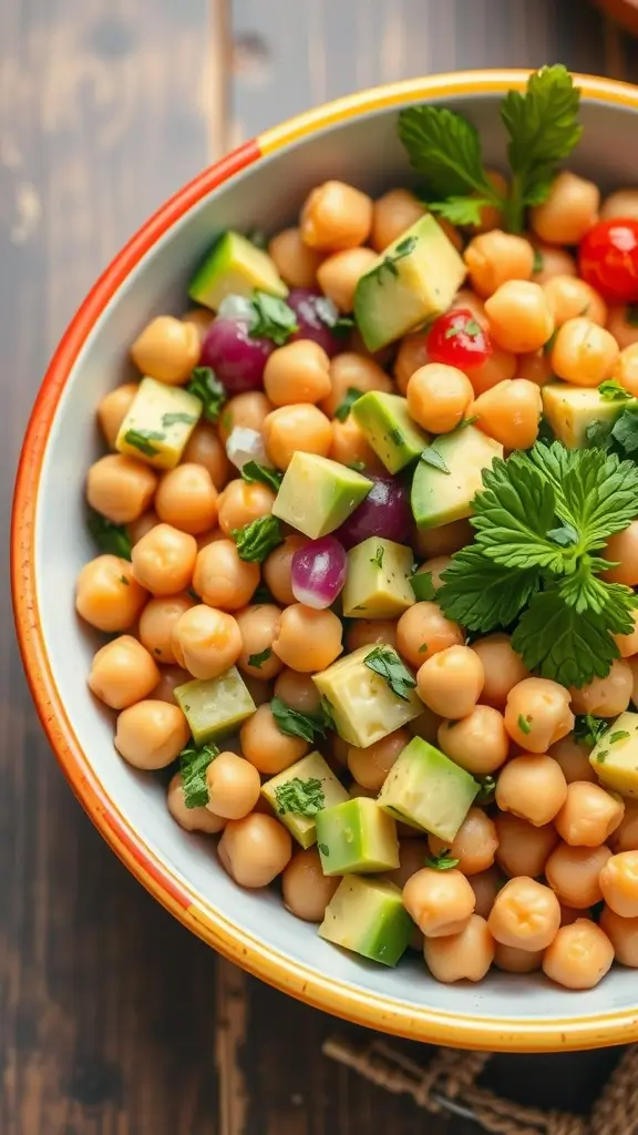 A colorful chickpea salad with diced avocado, red onion, and cherry tomatoes.