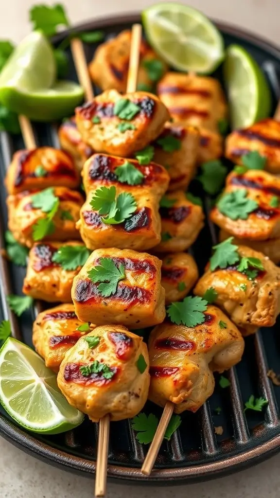 Chili lime chicken skewers garnished with cilantro and lime wedges