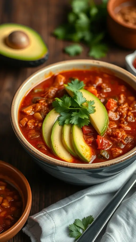 A bowl of chili sin carne topped with avocado and cilantro.