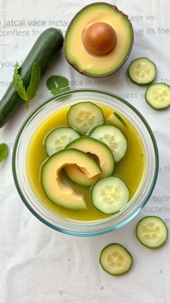 Chilled avocado and cucumber soup in a bowl with cucumber slices on top