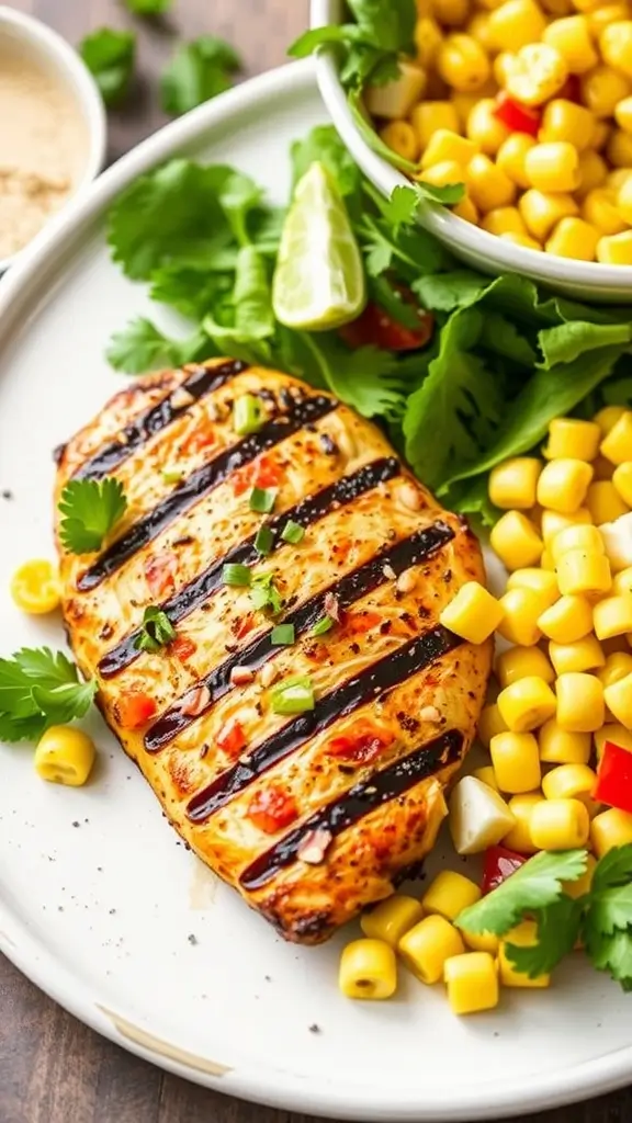 Grilled chicken breast with corn salad and lime wedges on a plate.