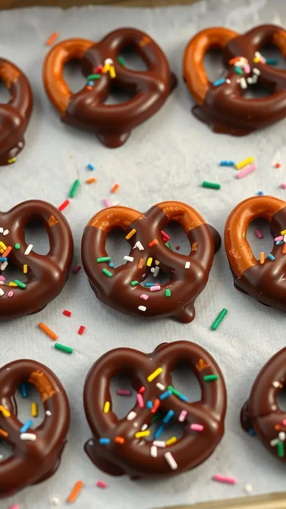 Chocolate-dipped pretzels with colorful sprinkles