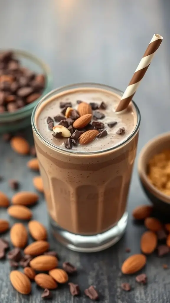 A chocolate almond butter protein smoothie with almonds and chocolate chips on top