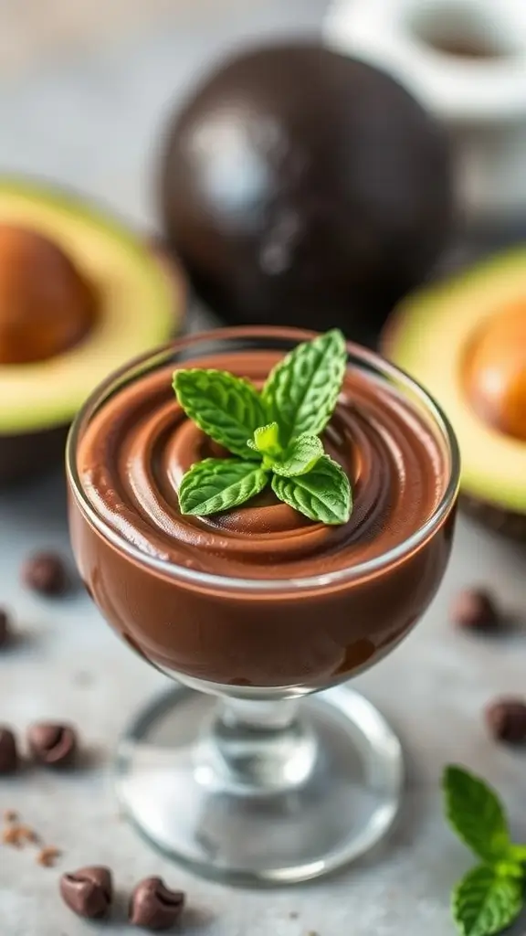 A delicious chocolate avocado mousse topped with mint leaves.