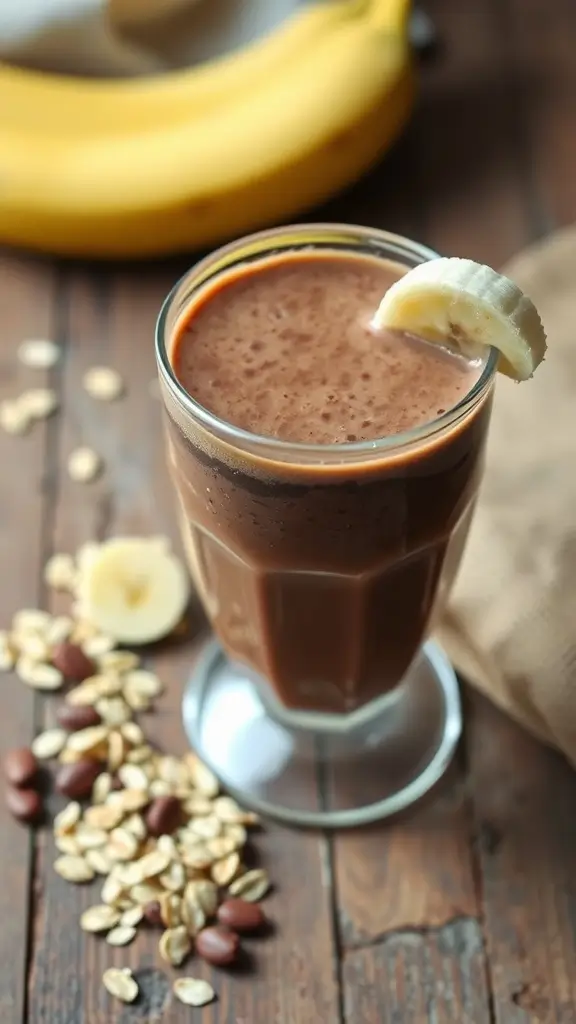 A chocolate banana oat smoothie in a glass with a straw, surrounded by bananas and oats.