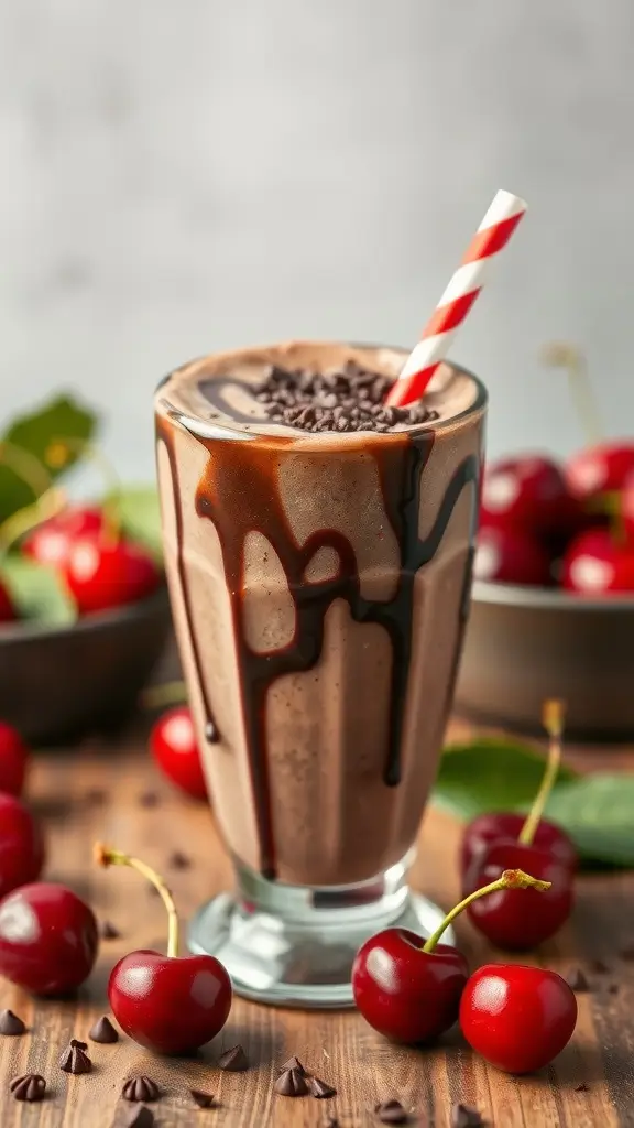 Chocolate Cherry Protein Smoothie in a glass, garnished with cherries.