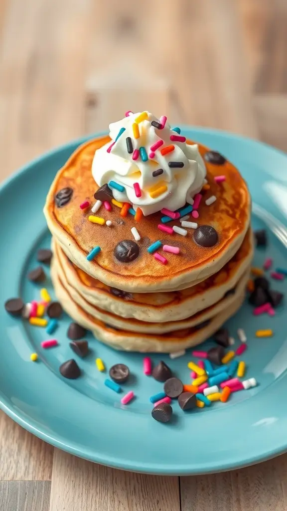 A stack of chocolate chip pancakes topped with whipped cream and colorful sprinkles