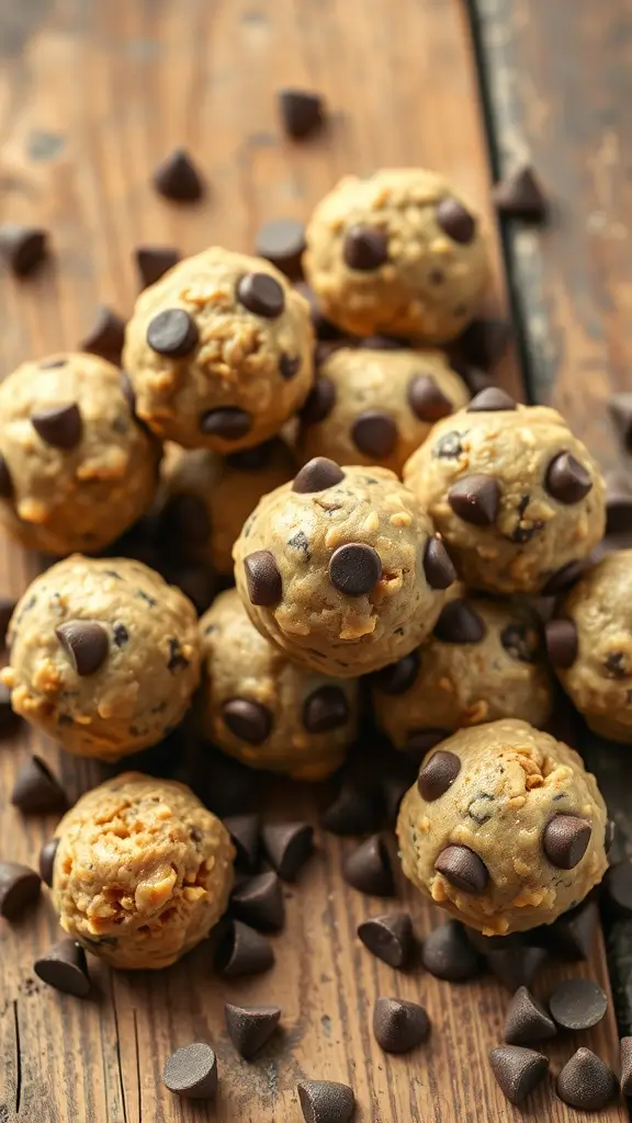 A close-up of delicious Chocolate Chip Peanut Butter Energy Balls arranged on a wooden surface.