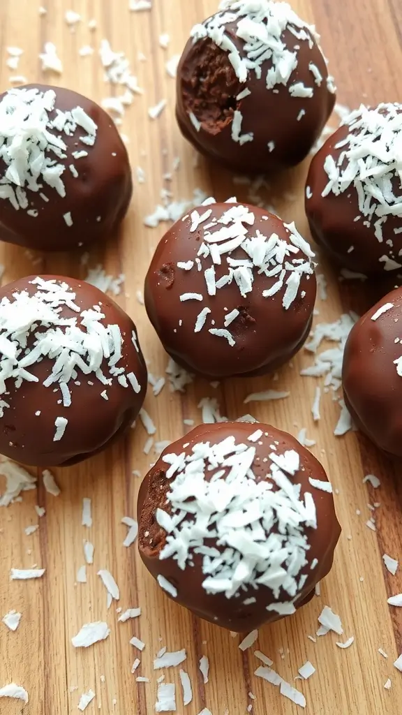 Healthy chocolate coconut protein balls on a wooden surface, topped with shredded coconut.