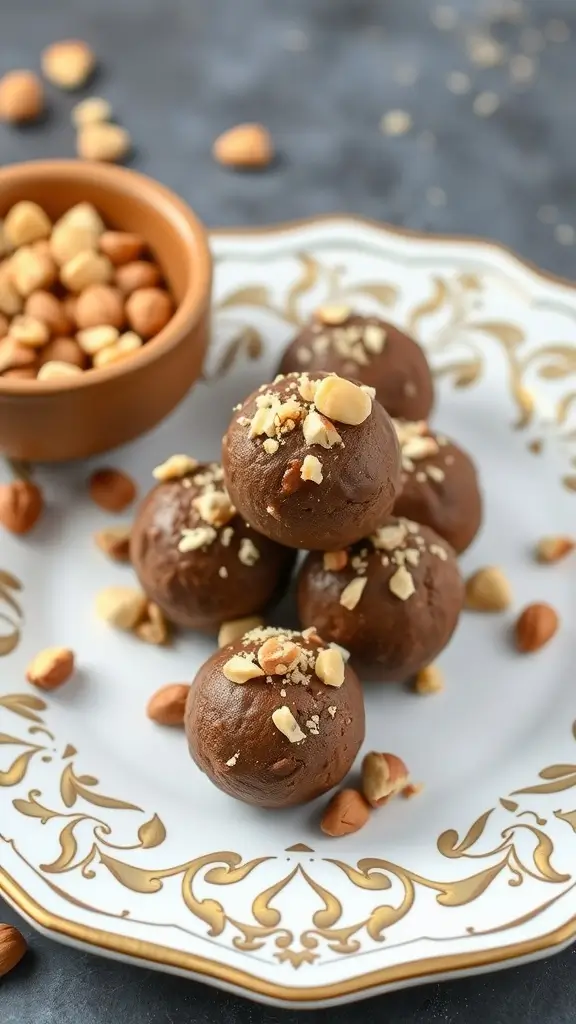 Chocolate Hazelnut Protein Balls on a decorative plate with chopped hazelnuts.