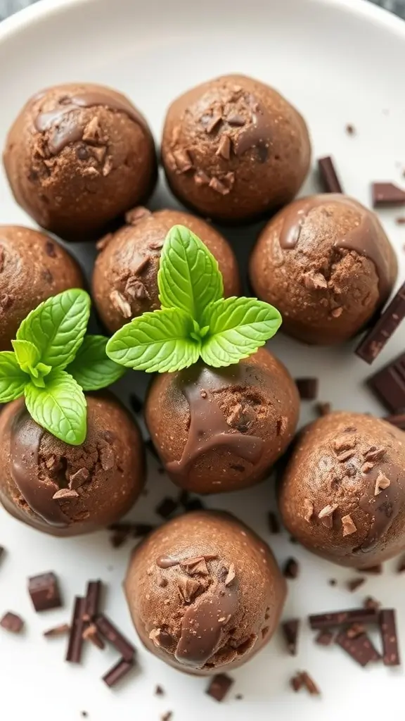 Delicious chocolate mint protein balls on a plate