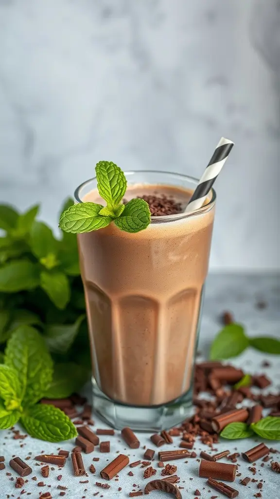 A chocolate mint protein shake garnished with mint leaves