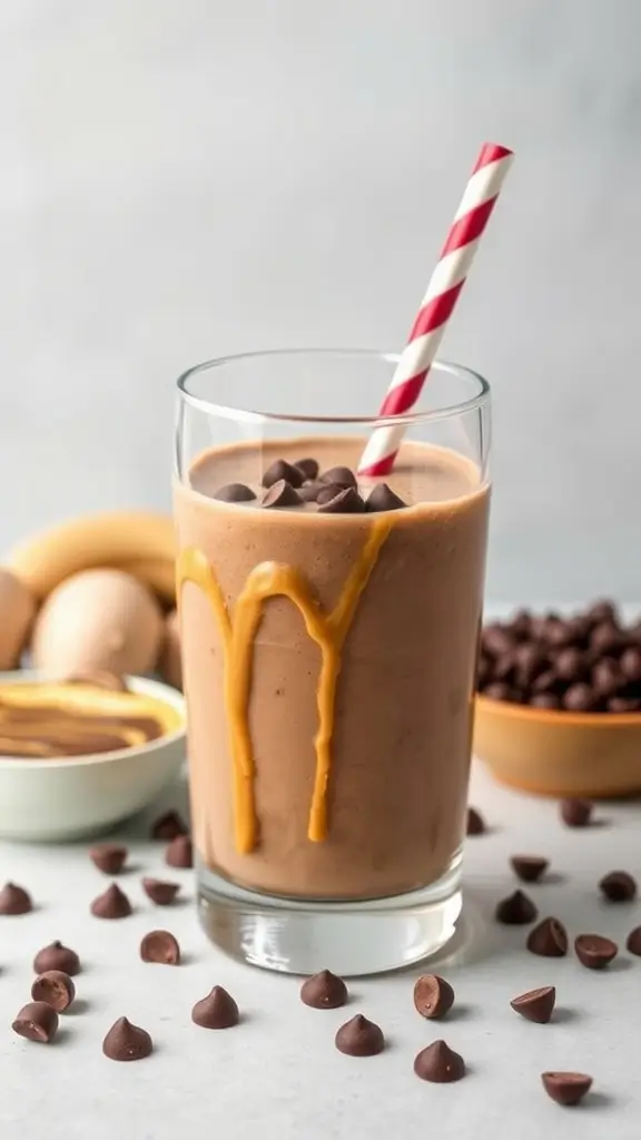 Chocolate Peanut Butter Protein Shake in a glass with a straw