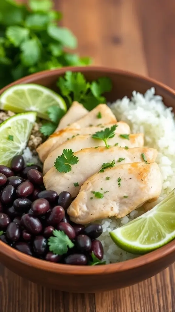A bowl filled with cilantro lime chicken, black beans, rice, and lime slices.