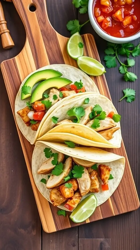 Cilantro Lime Chicken Tacos with avocado slices and lime wedges