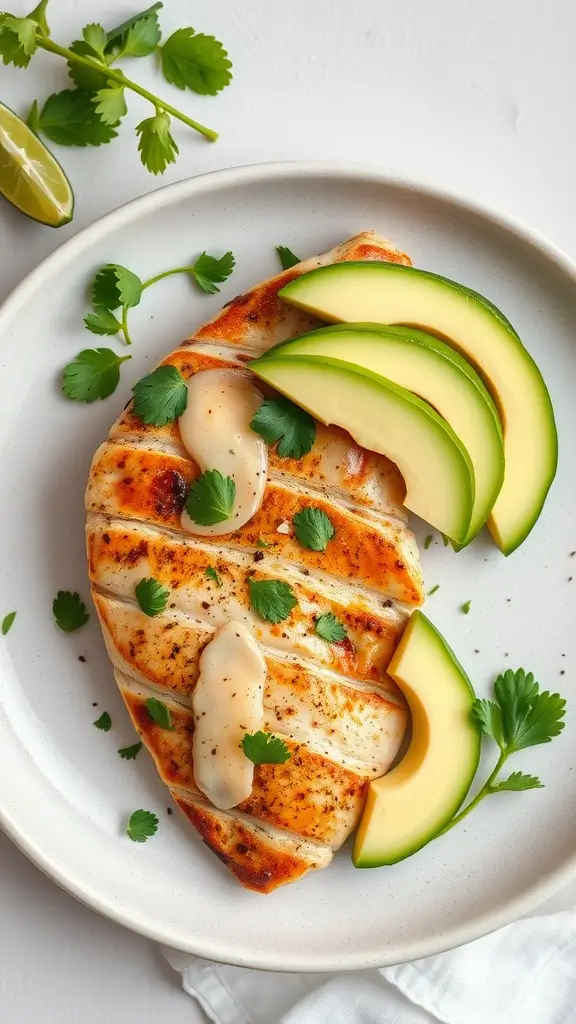 Cilantro Lime Chicken with avocado slices on a plate