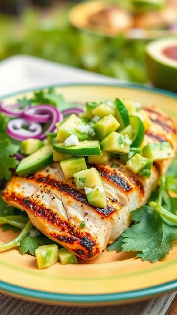 A plate of grilled chicken topped with avocado salsa, garnished with cilantro and lime.