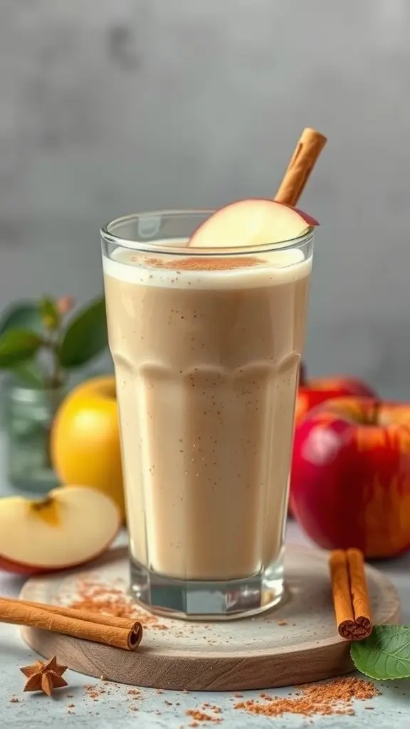 A tall glass of cinnamon apple protein smoothie garnished with a slice of apple and a cinnamon stick.