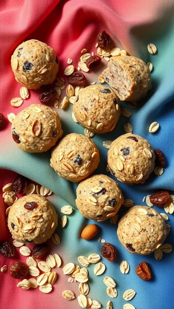 A vibrant display of homemade cinnamon raisin oat protein balls scattered with oats and raisins.