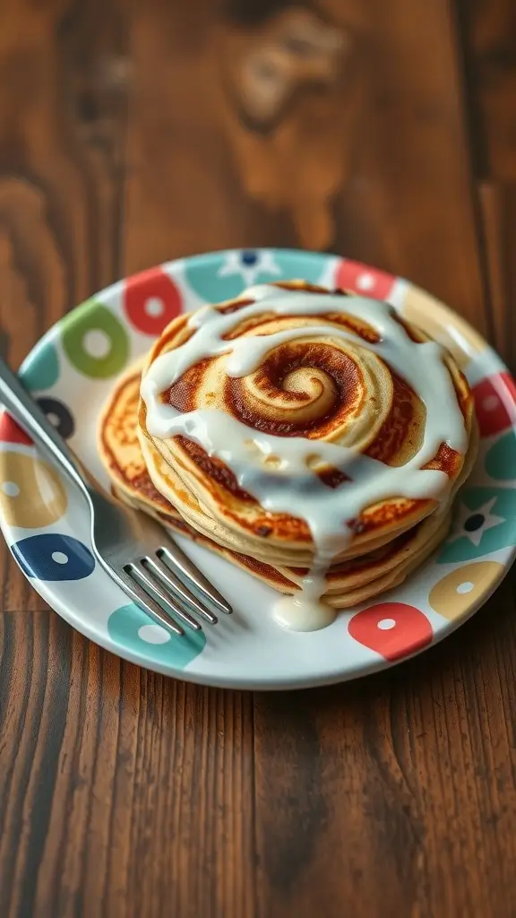 Plate of cinnamon roll pancakes with creamy icing