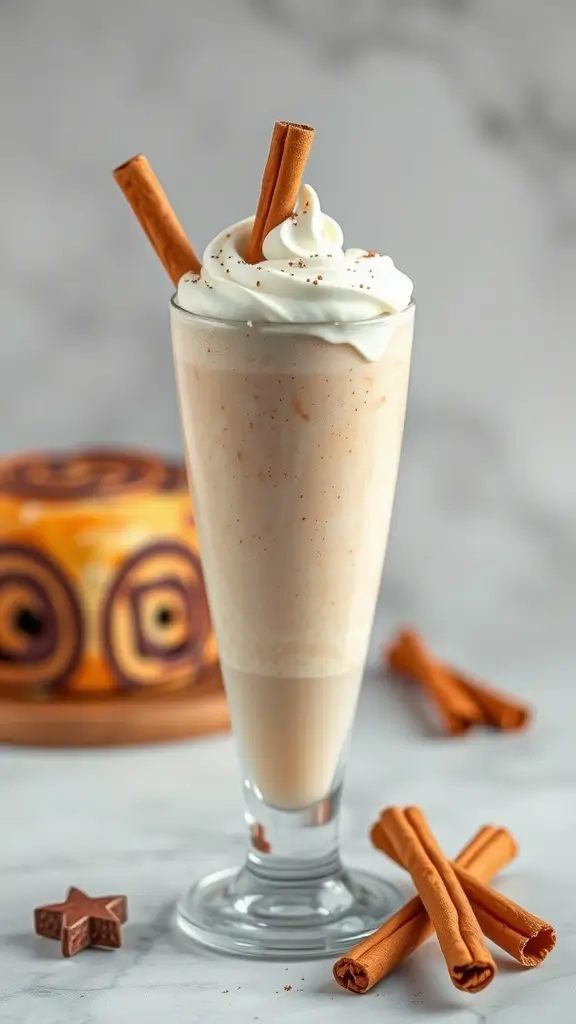 A creamy cinnamon roll protein smoothie topped with whipped cream and cinnamon sticks