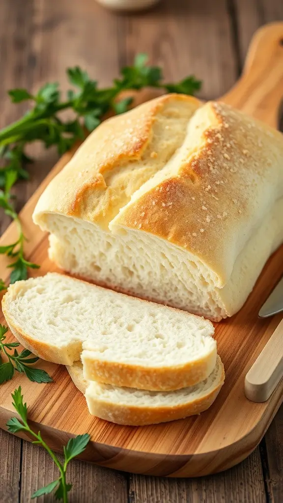 Sliced classic cloud bread on a wooden board with parsley.