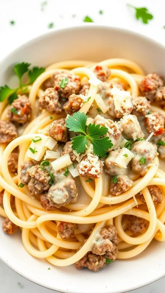 A delicious bowl of creamy ground beef alfredo pasta topped with parsley and grated cheese.