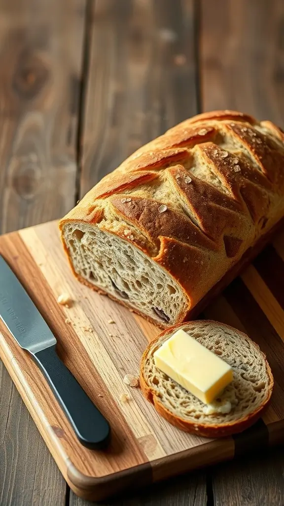 A freshly baked loaf of classic German rye bread on a wooden cutting board with a slice and a pat of butter.