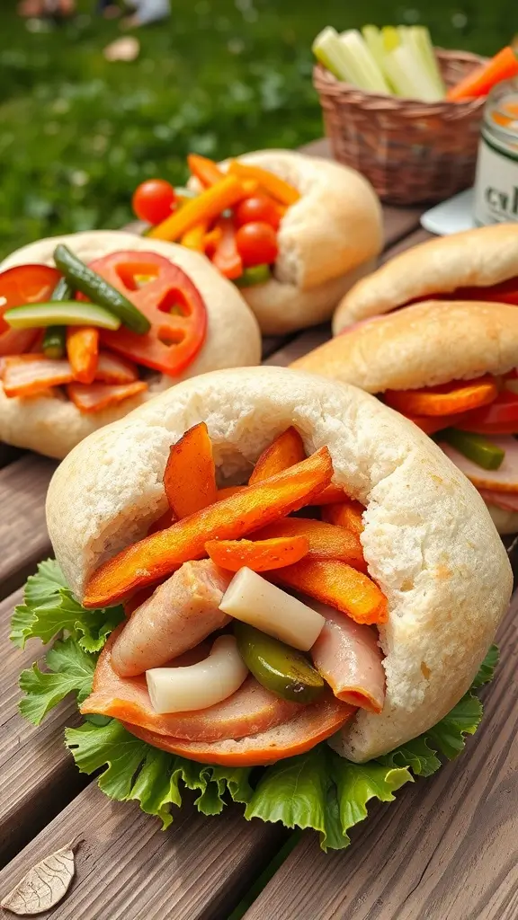 A delicious cloud bread sandwich filled with fresh veggies and herbs on a wooden platter.