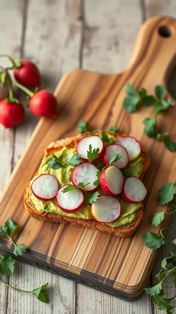A slice of cloud bread topped with mashed avocado, sliced radishes, and cilantro on a wooden cutting board.