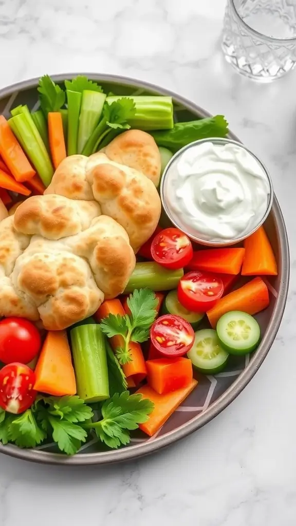 A serving of cloud bread with a creamy Greek yogurt dip surrounded by fresh vegetables.