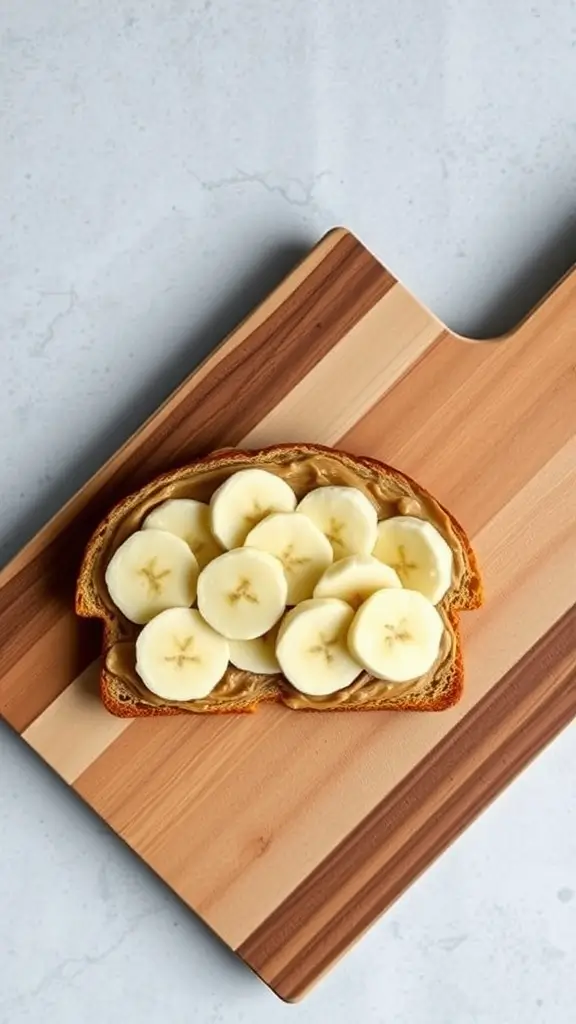 A slice of cloud bread topped with nut butter and banana slices on a wooden cutting board.