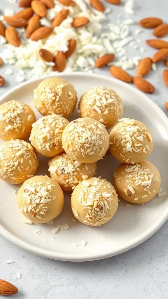 Coconut Almond Peanut Butter Bites on a plate with almonds and coconut flakes in the background.