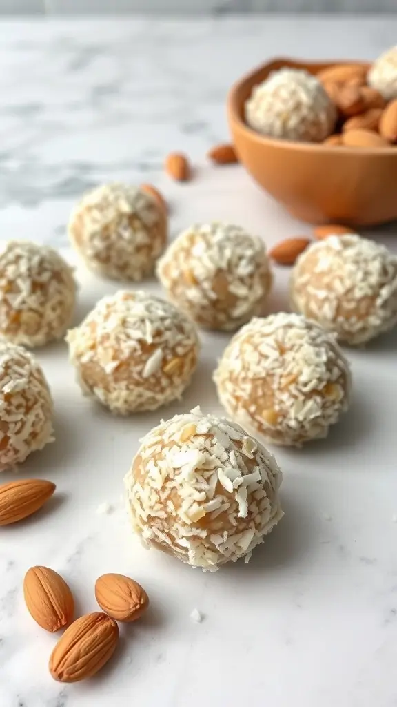 Coconut Almond Protein Bites arranged on a table with almonds and a bowl in the background.