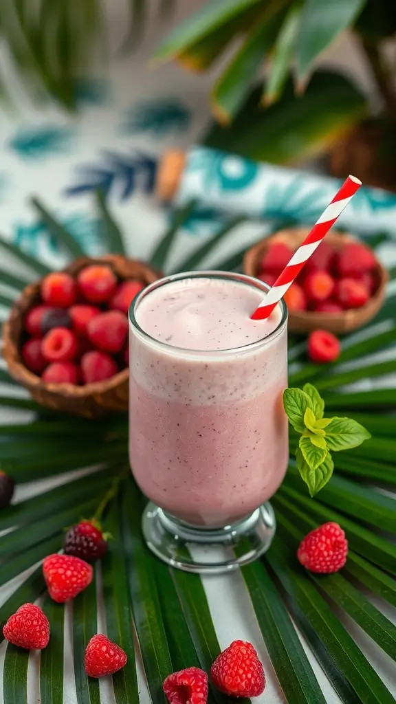 Coconut Berry Protein Smoothie in a glass with berries and mint