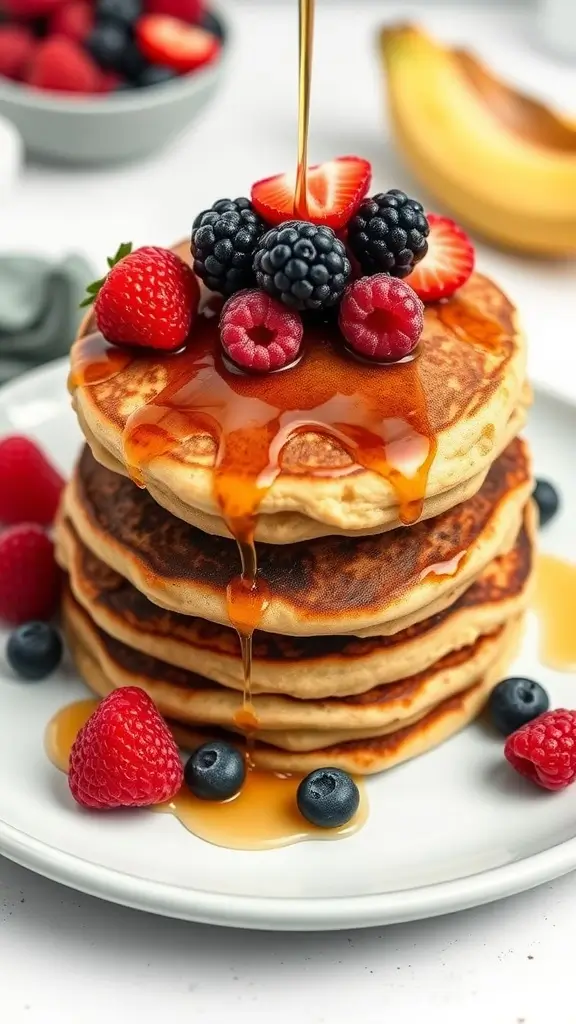 A stack of Coconut Chickpea Pancakes topped with fresh berries and syrup.