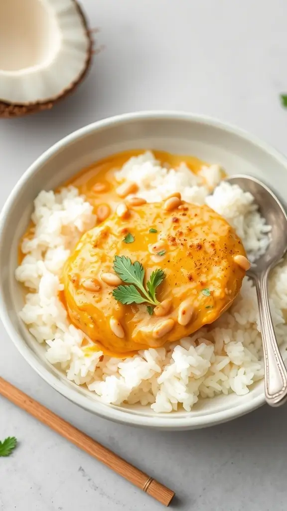 A bowl of coconut curry chicken served over rice garnished with cilantro.