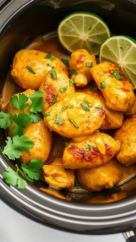 A bowl of coconut curry chicken with fresh herbs and lime slices
