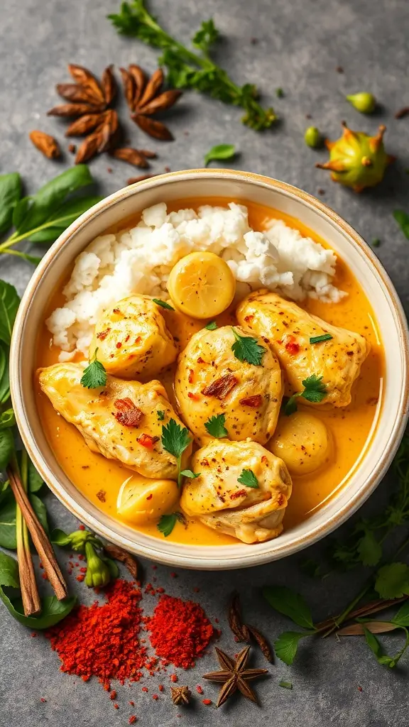 A bowl of coconut curry chicken breast served with rice, garnished with herbs and spices.