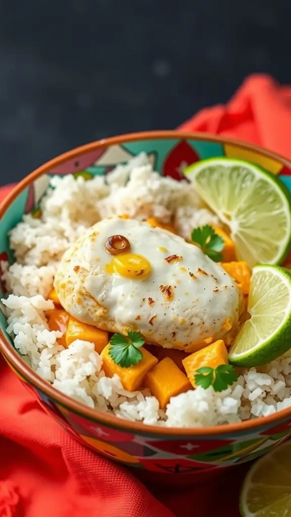 A delicious bowl of Coconut Curry Chicken Breast served over rice with mango and lime.