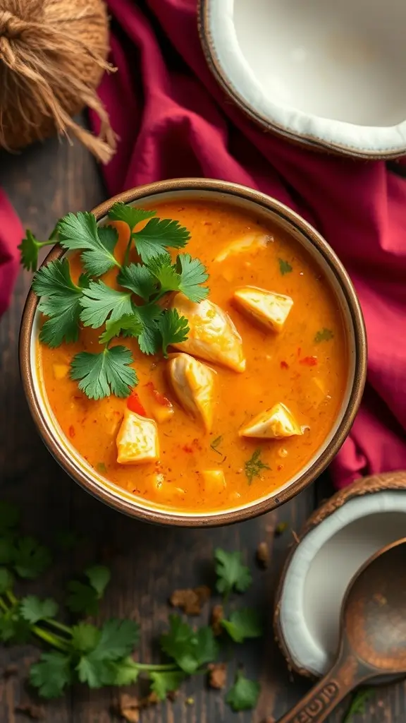 A bowl of Coconut Curry Chicken Soup garnished with cilantro