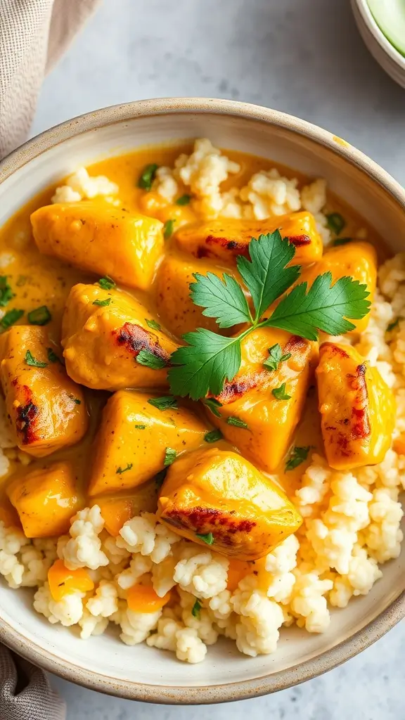 A bowl of coconut curry chicken served with cauliflower rice, garnished with lime and fresh herbs.